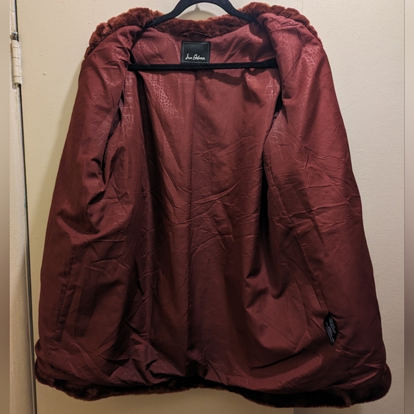 Sam Edelman Janet Faux Fur Striped Collarless Dark Red Mid Length Coat Jacket- L - Picture 6 of 13
